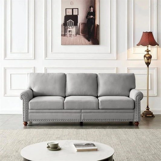 3 Seater Linen Fabric Tufted Accent Sofa, 82.6 in, Grey - Curved High Back