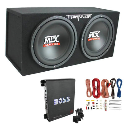 MTX Dual Loaded Car Subwoofer Enclosure 12 Inch 1200W With Boss R1100M Amplifier And Soundstorm AKS8 Kit - TNE212D