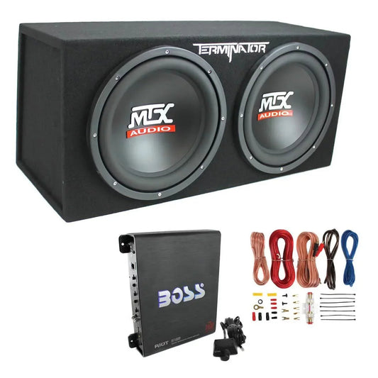 MTX Dual Loaded Car Subwoofer Enclosure 12 Inch 1200W With Boss R1100M Amplifier And Soundstorm AKS8 Kit - TNE212D