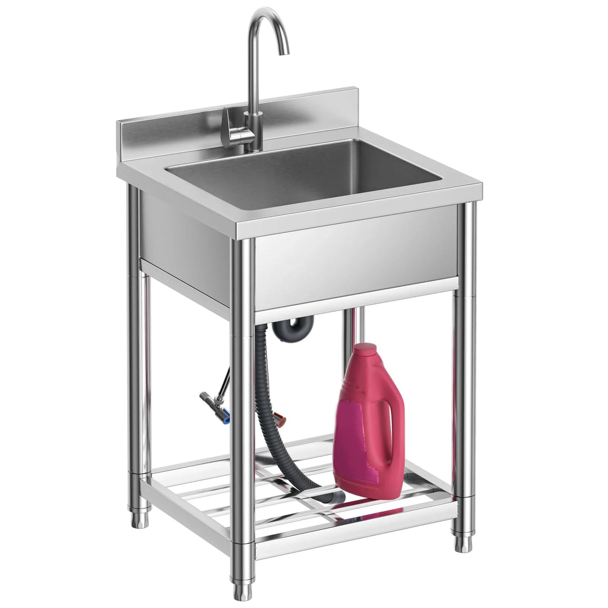 Stainless Steel Commercial Utility Sink With Hot And Cold Water Faucet, Freestanding Single Bowl, 21.7 in