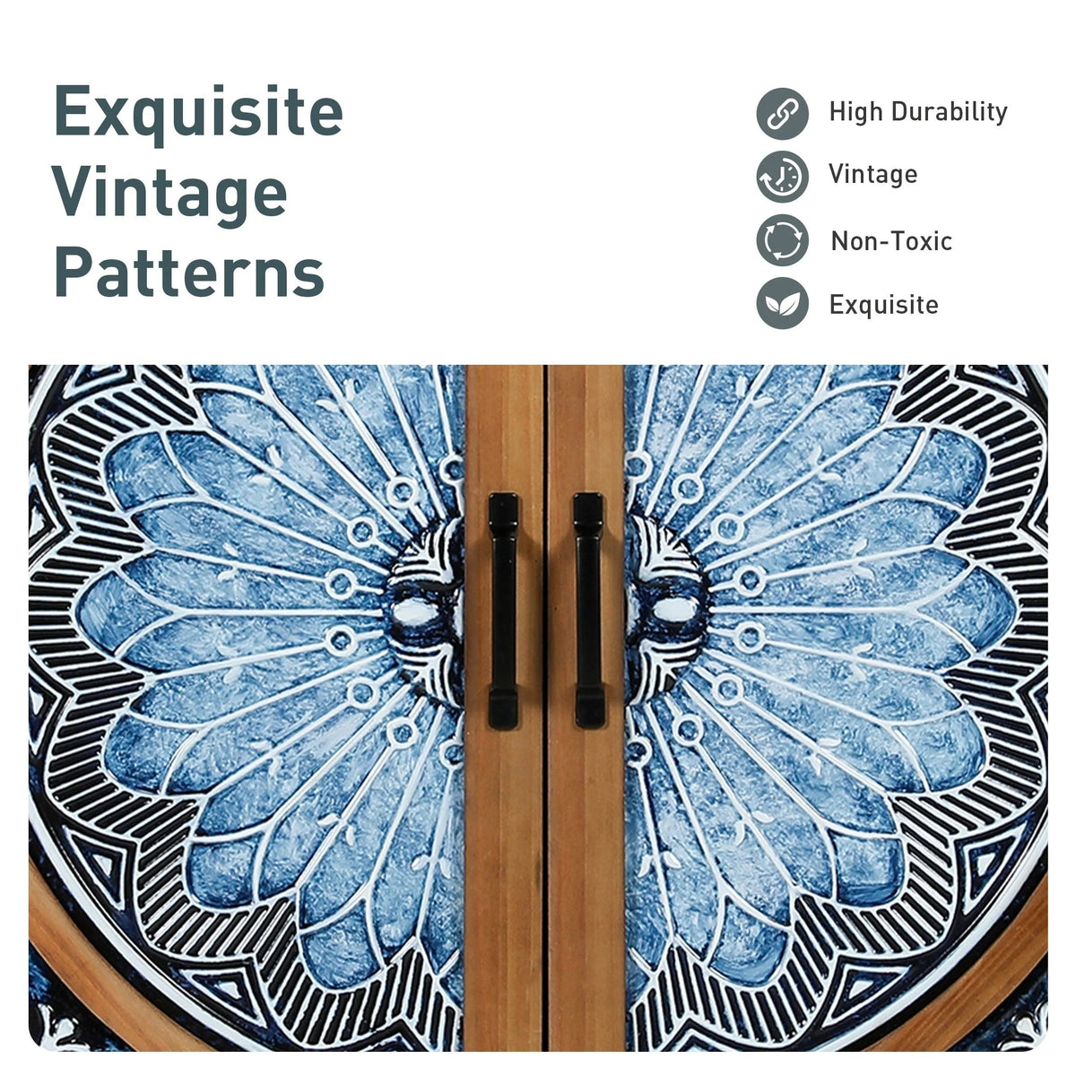 Vintage Storage Accent Cabinet With Drawers, Blue And White, 32 in L x 14.96 in W x 33.66 in H