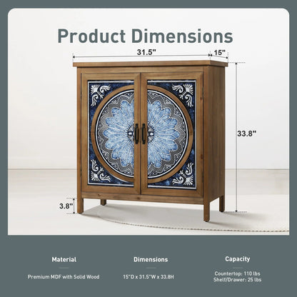 Vintage Storage Accent Cabinet With Drawers, Blue And White, 32 in L x 14.96 in W x 33.66 in H