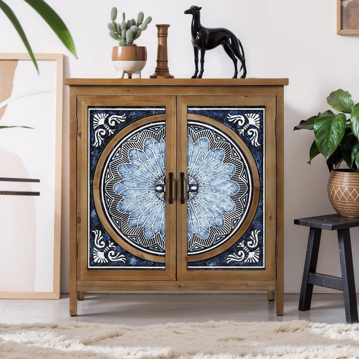 Vintage Storage Accent Cabinet With Drawers, Blue And White, 32 in L x 14.96 in W x 33.66 in H