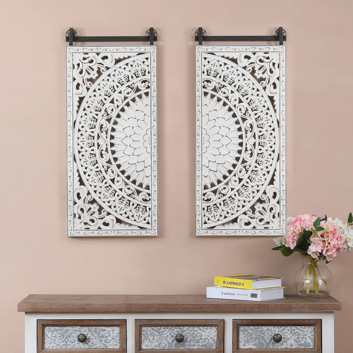Set Of 2 Distressed Ivory White Wood Flower Wall Art With Black Accents - 33.1in H x 14.6in W